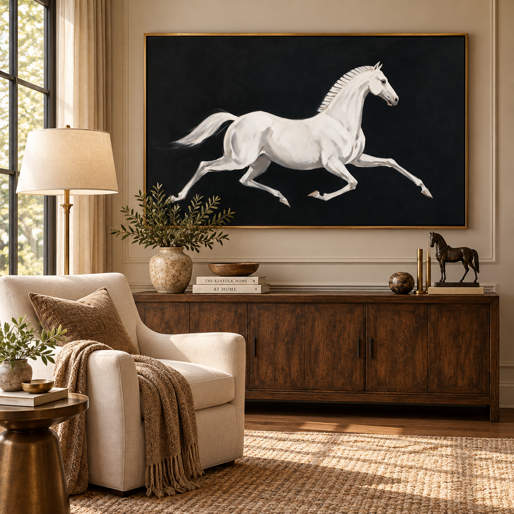 SOLORART Americana Art | White Horse Against Black